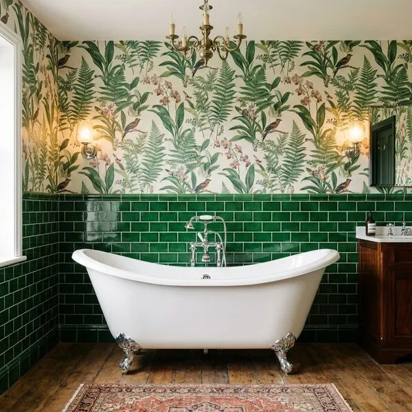Victorian-style bathroom with racing-green metro tiling, botanical wallpaper and a white roll-top slipper bath on chrome claw feet