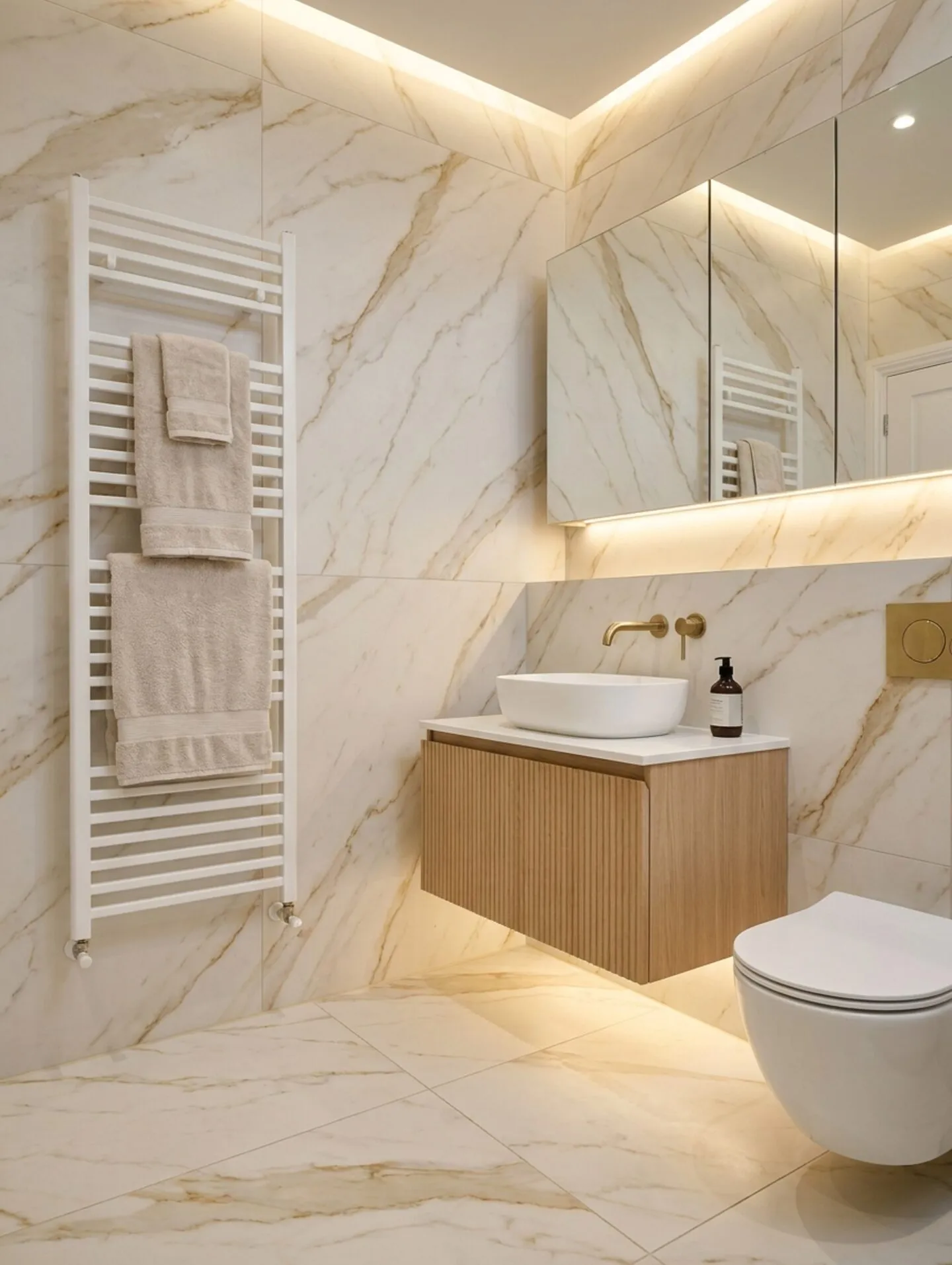 White designer towel radiator, fluted oak vanity and WC in the finished calacatta bathroom