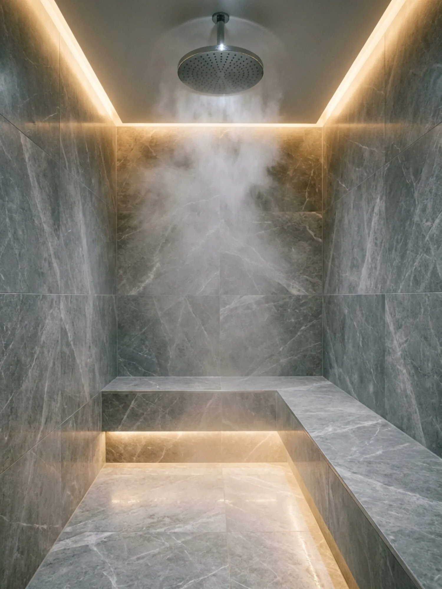 Steam room interior with rainhead, tiled bench and LED reveals