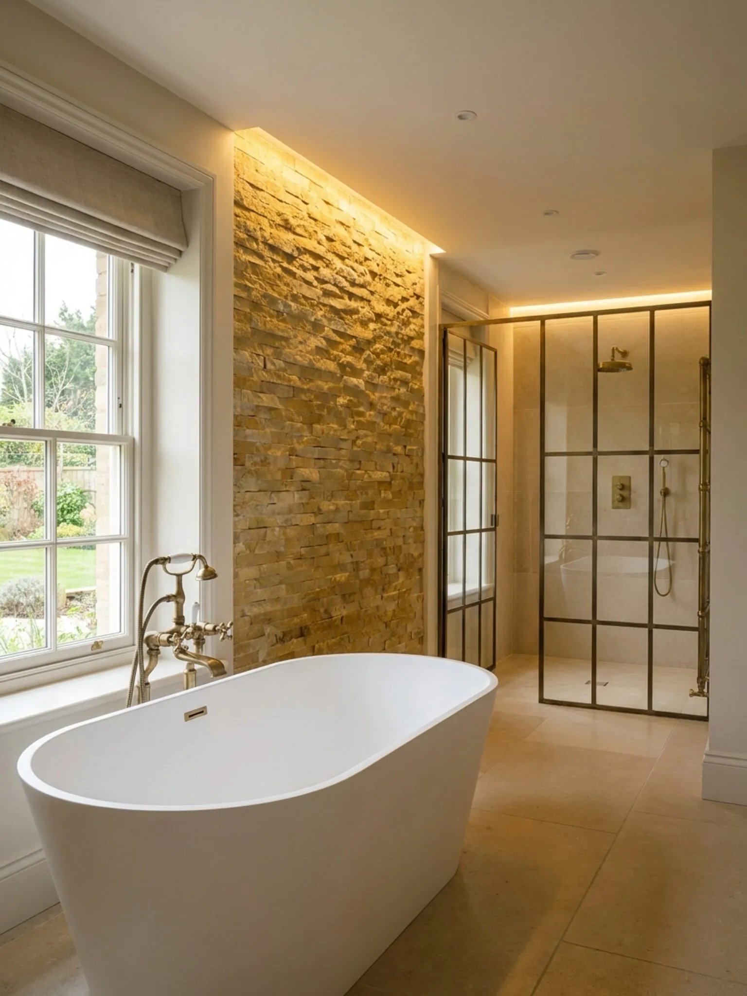 Freestanding bath by the window with the walk-in shower beyond