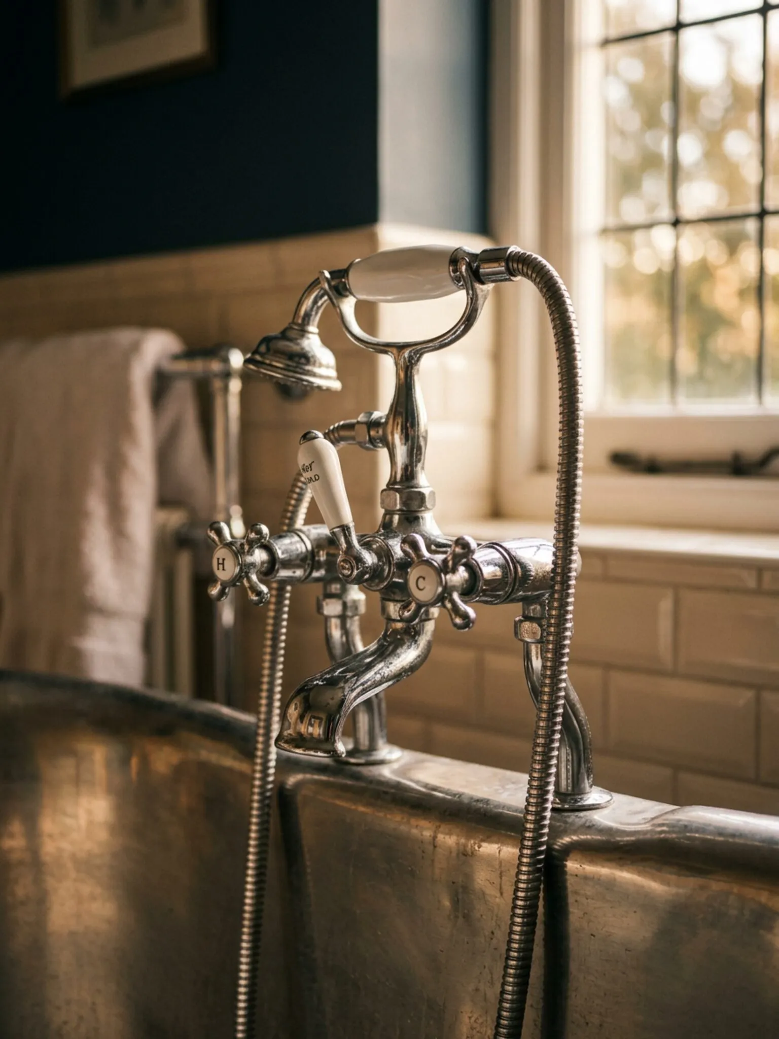 Traditional chrome crosshead bath shower mixer with white ceramic handset in warm evening light