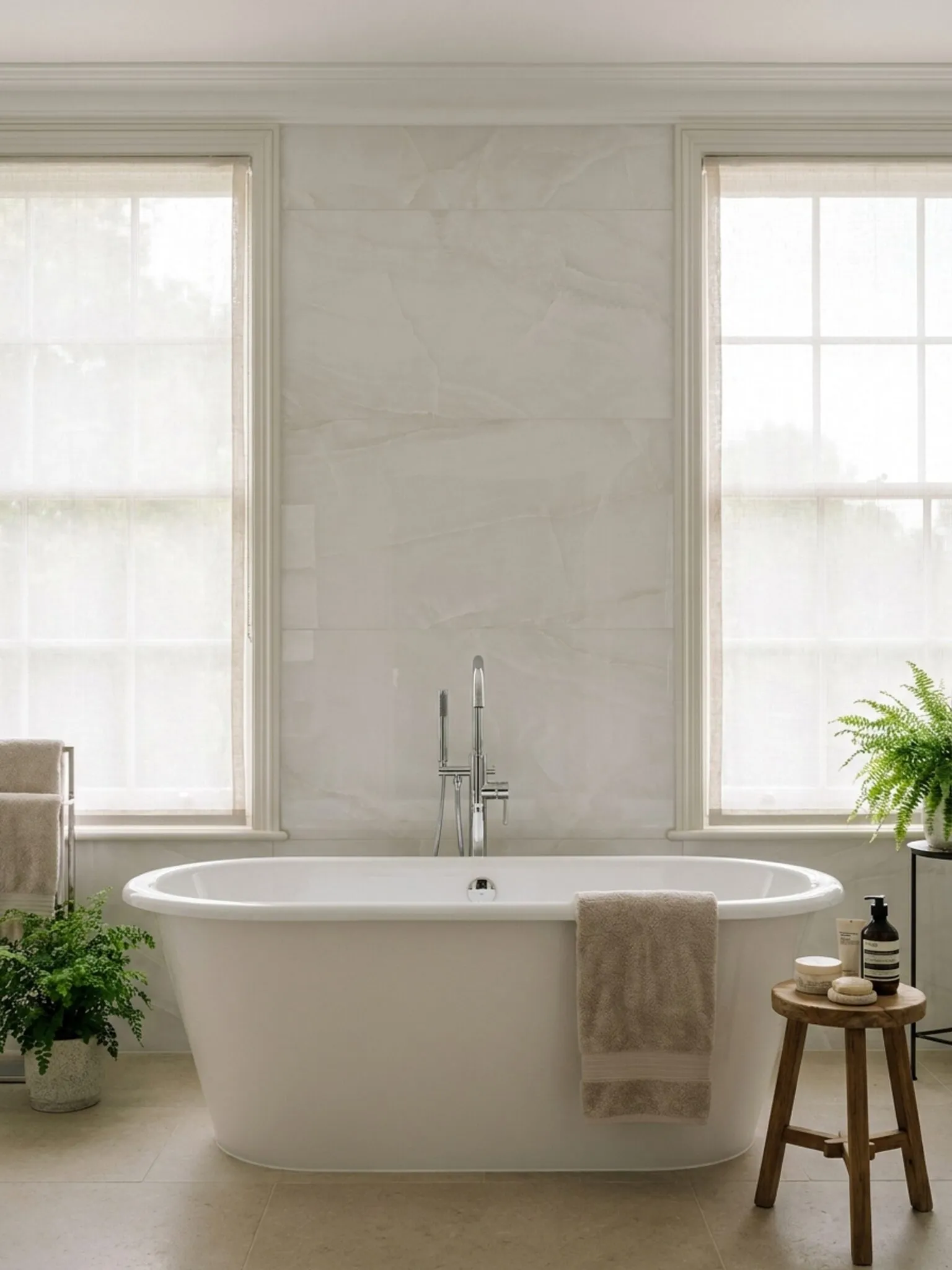 Freestanding bath set between two windows