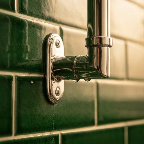 Chrome wall bracket detail on racing-green crackle-glazed metro tiles