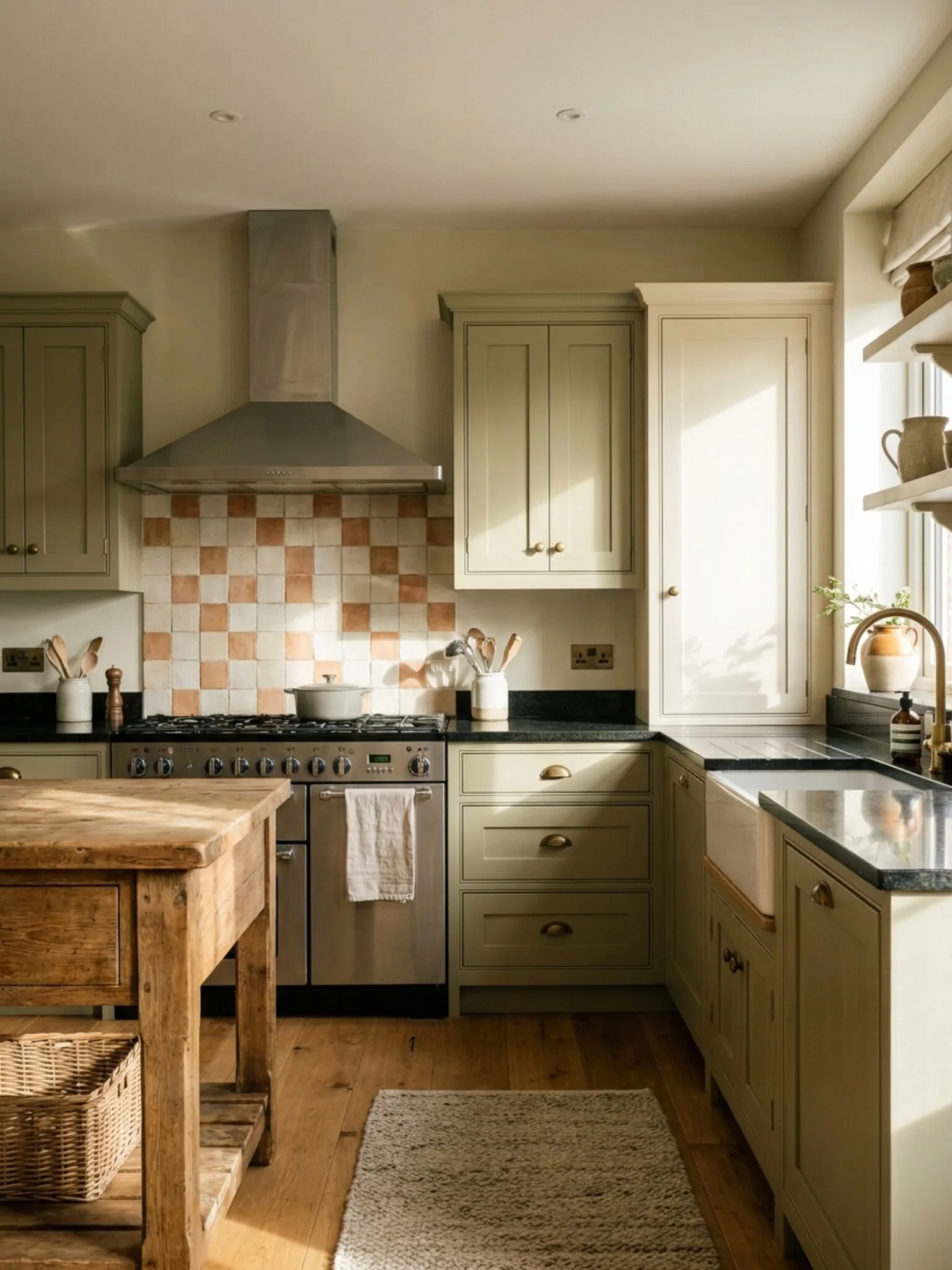 Oak shaker kitchen with black worktops, chimney extractor and gas hob