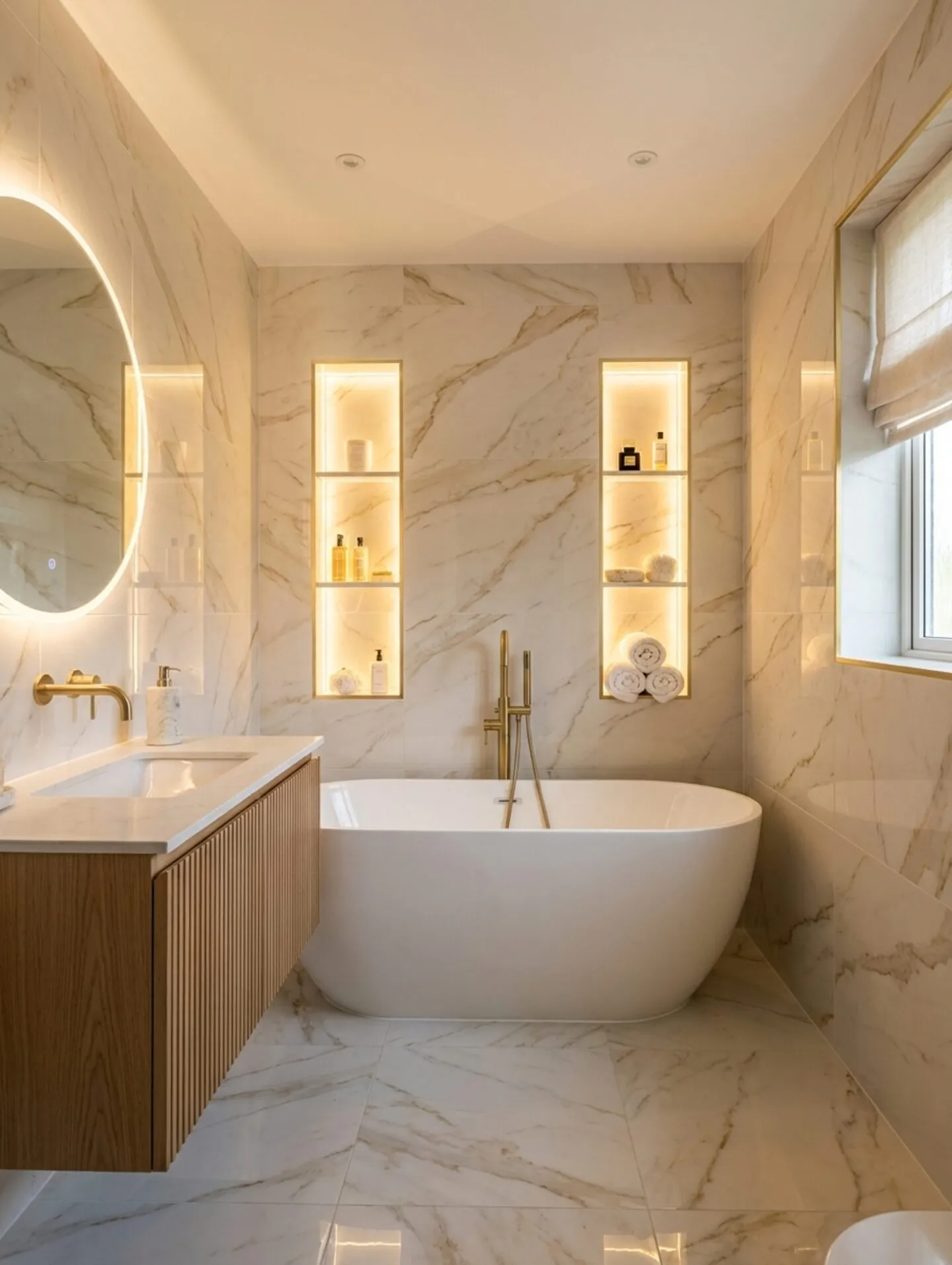 The finished bathroom — calacatta gold porcelain, freestanding bath and brushed brass fittings