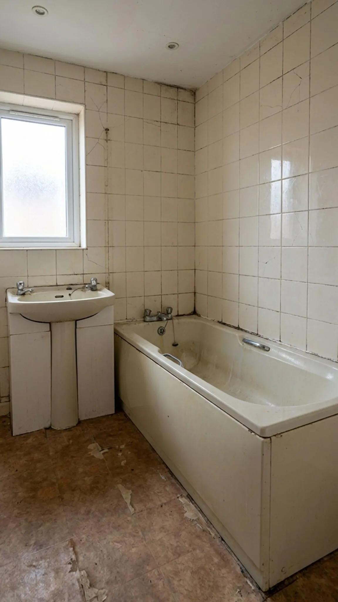 The same bathroom mid-renovation — stripped walls, exposed floor and demolition debris